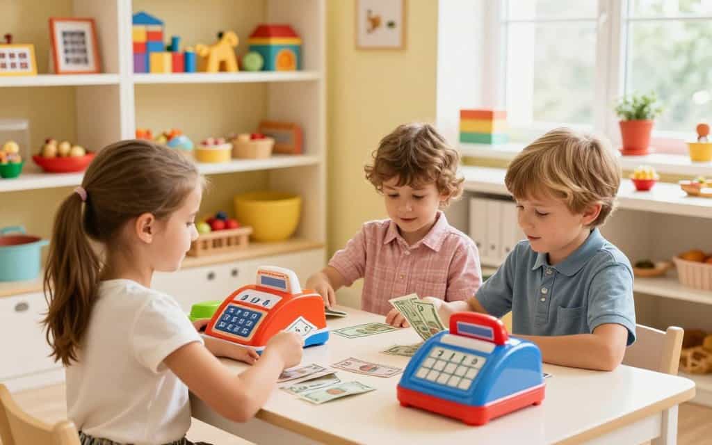Kinder lernen Zahlen im Kaufmannsladen spielen