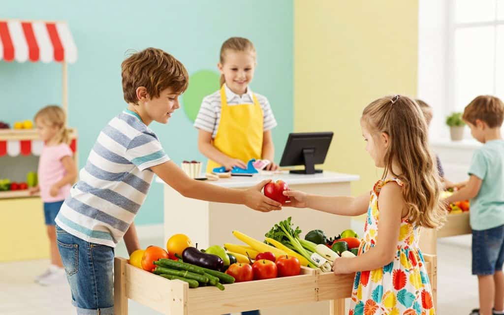 Kinder spielen im Kaufmannsladen