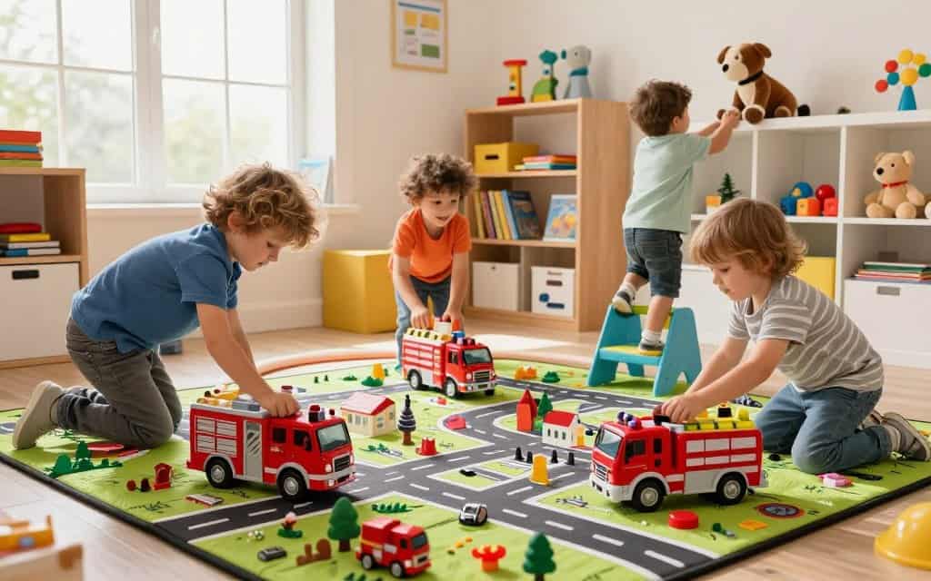 Feuerwehr spielen im Kinderzimmer mit Spielzeug Feuerwehr
