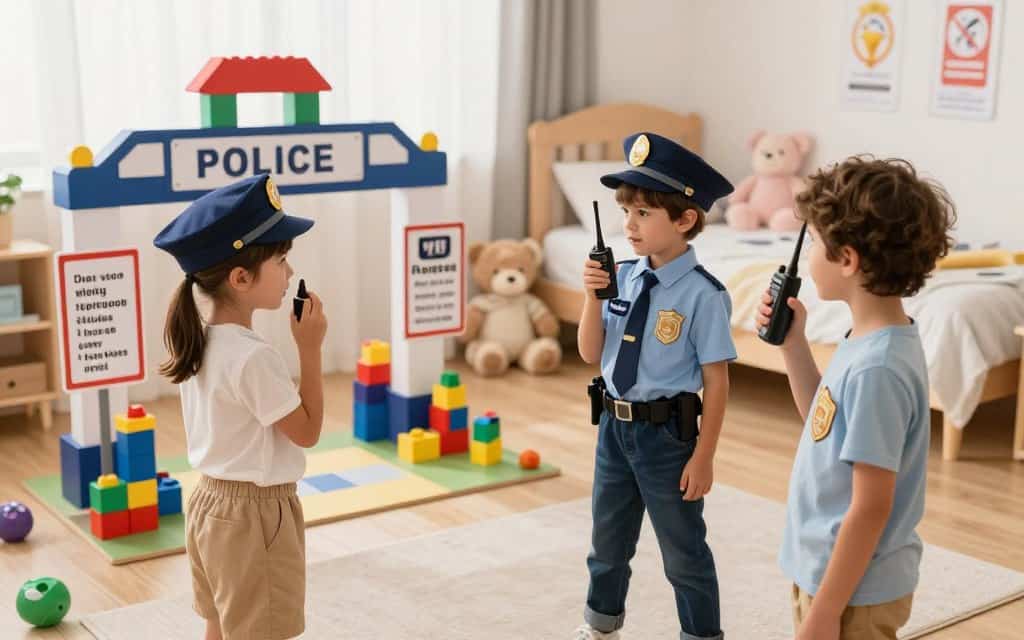 Kinder spielen Polizei mit Regeln und Sicherheit