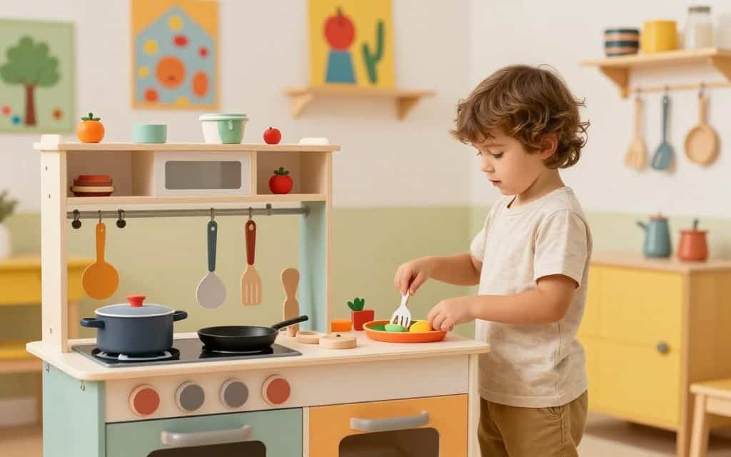 Kinderküche mit verschiedenen Materialien und kreativen Spielmöglichkeiten