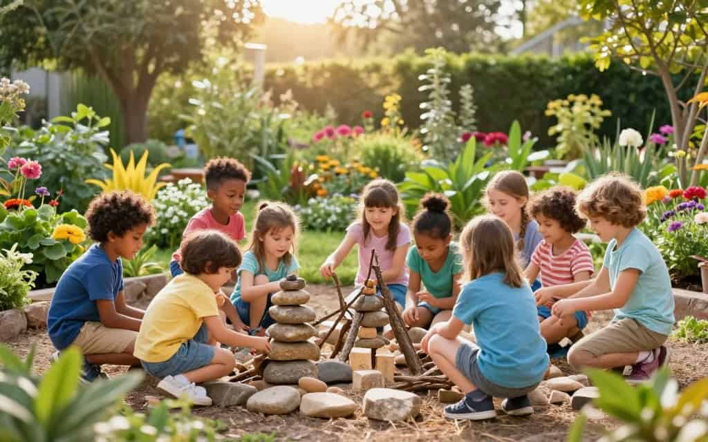 Baustelle spielen im Garten mit Naturmaterialien