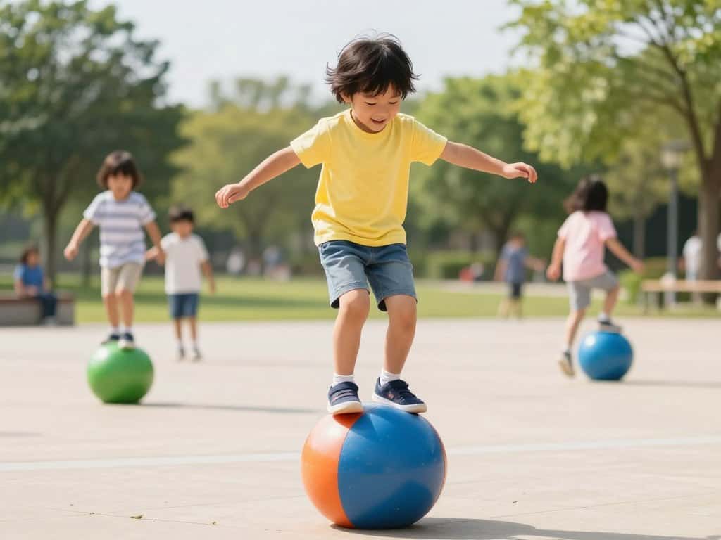 Kind verbessert Koordination und Gleichgewicht auf Hüpfball