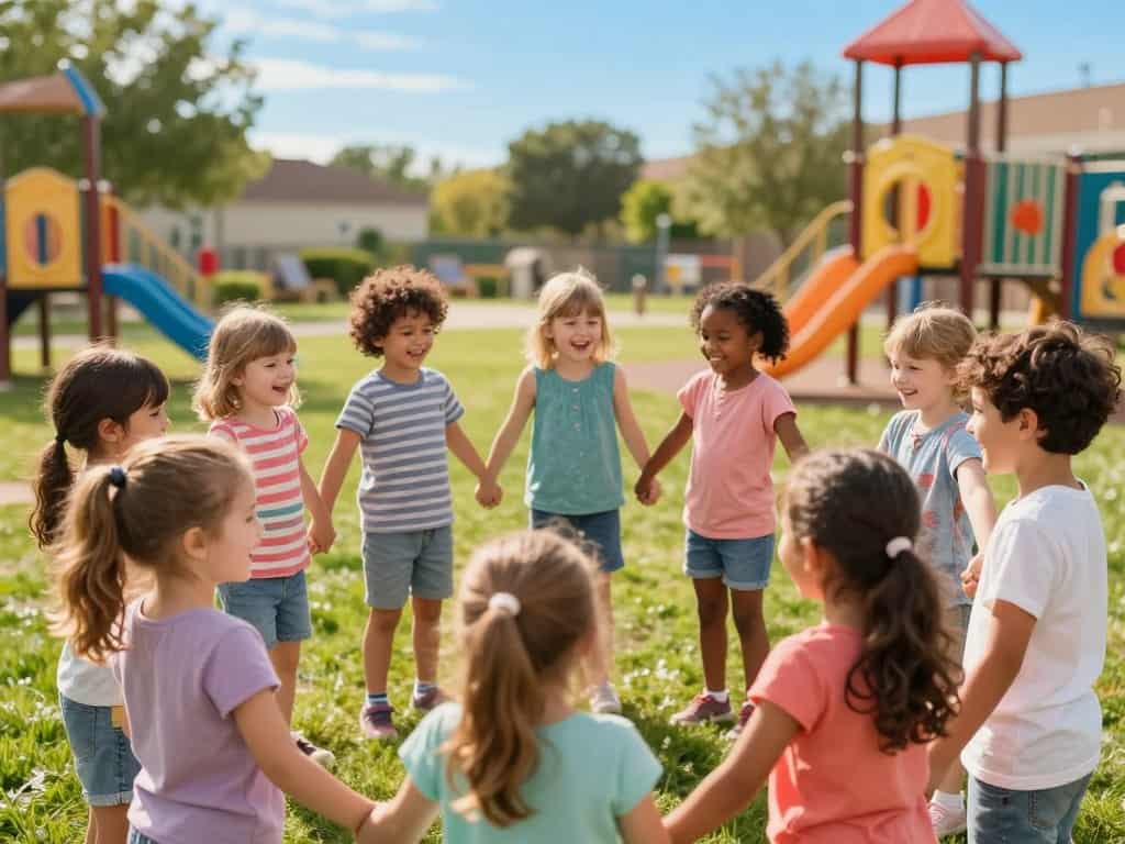 Kinder bilden einen Kreis und fassen sich an den Händen