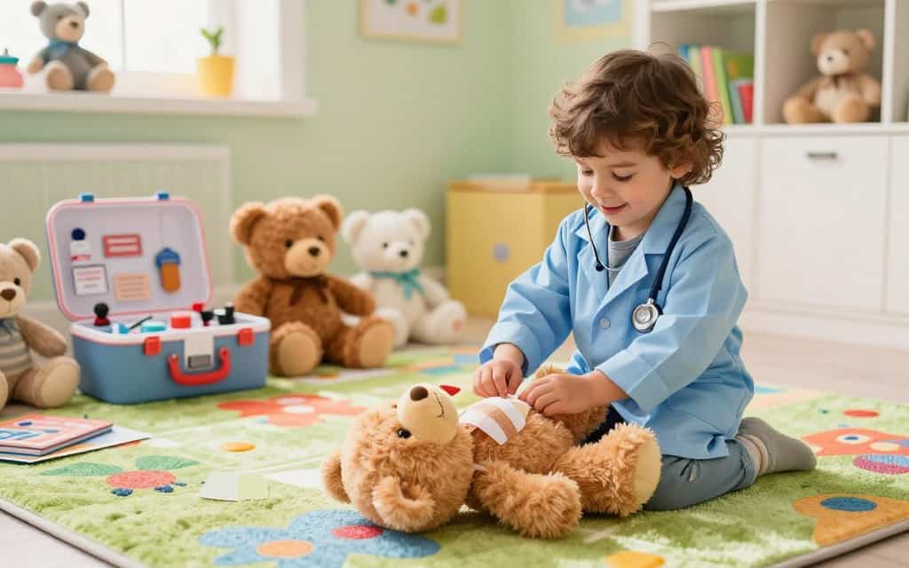 Spielzeug Tierarzt beim Untersuchen eines Kuscheltiers