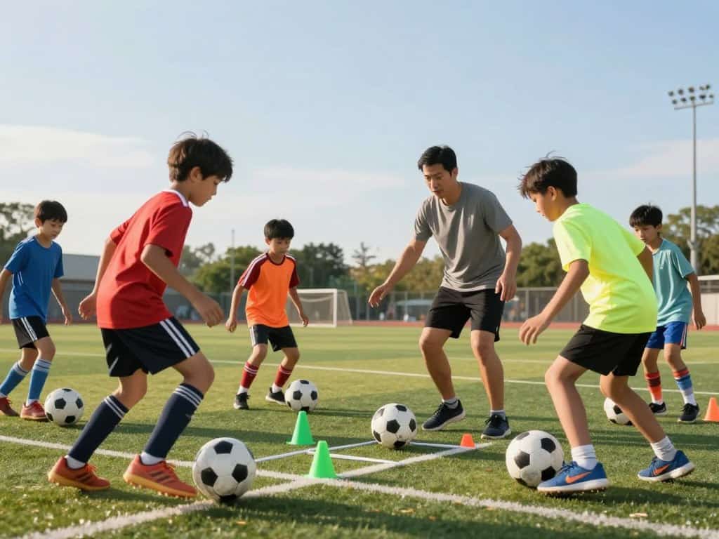 Kind dribbelt beim Ballparcours durch aufgestellte Hindernisse