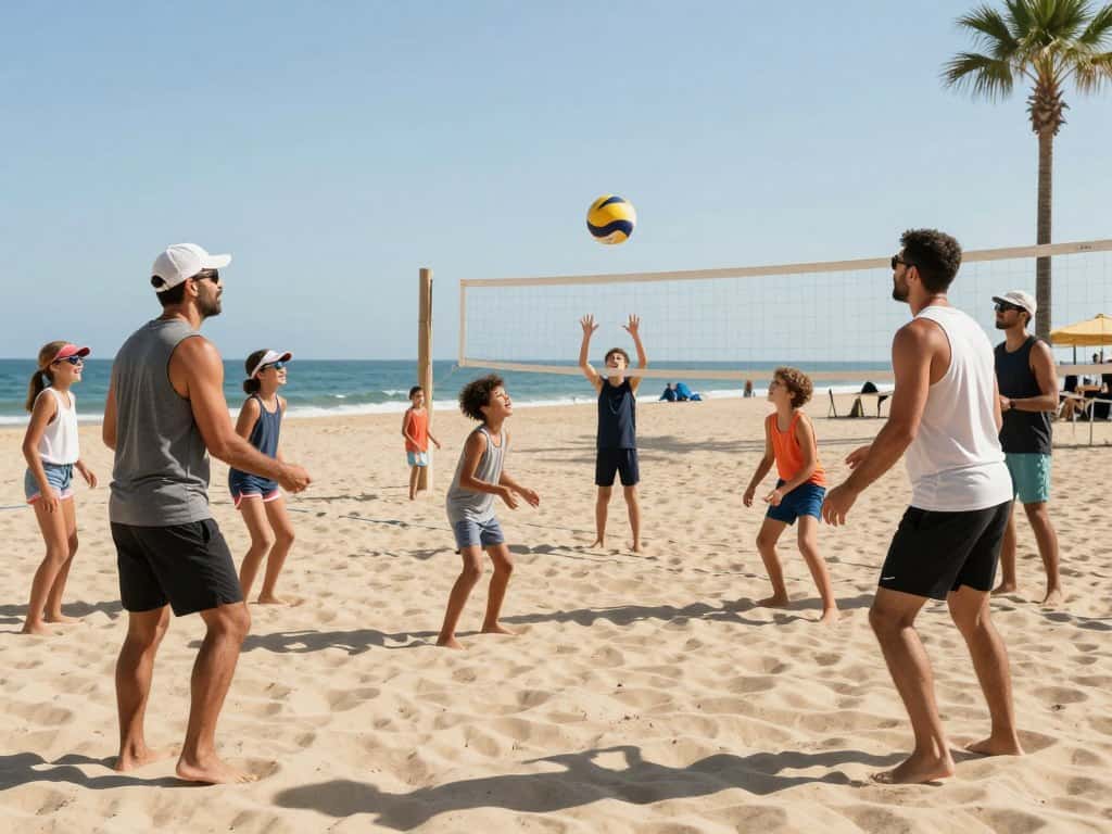 Beach Volleyball Netz am Strand mit spielenden Kindern im Sommer