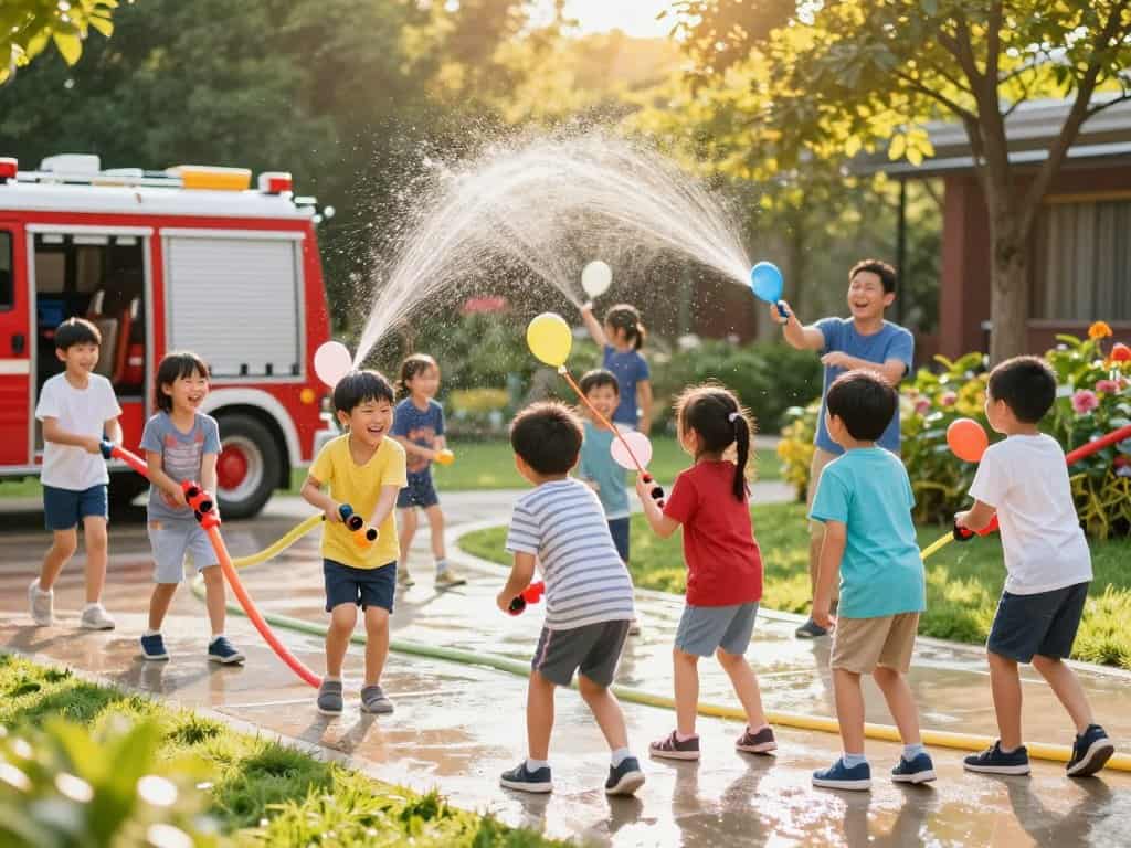Feuerwehrspiele für Kinder – Wasserpistolen, Staffel und Parcours