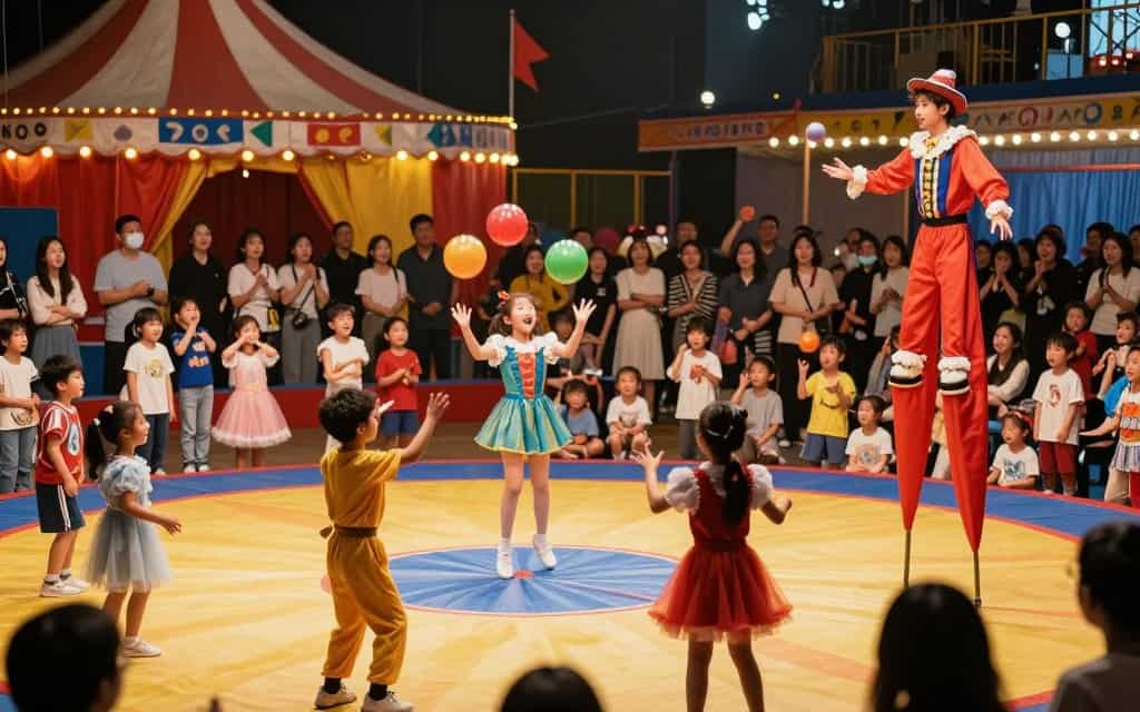 Kinder führen eine Zirkus-Vorstellung vor Publikum auf