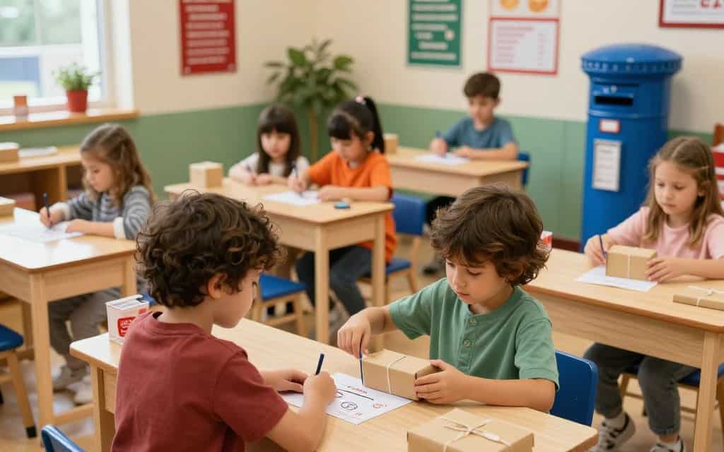 Kinder spielen am Postamt-Schalter – Rollenspiel für Kinder