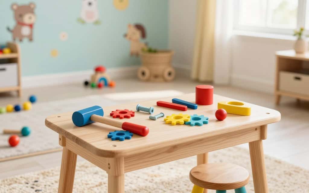 Kinderwerkbank mit Holzspielzeug – Werkstatt spielen