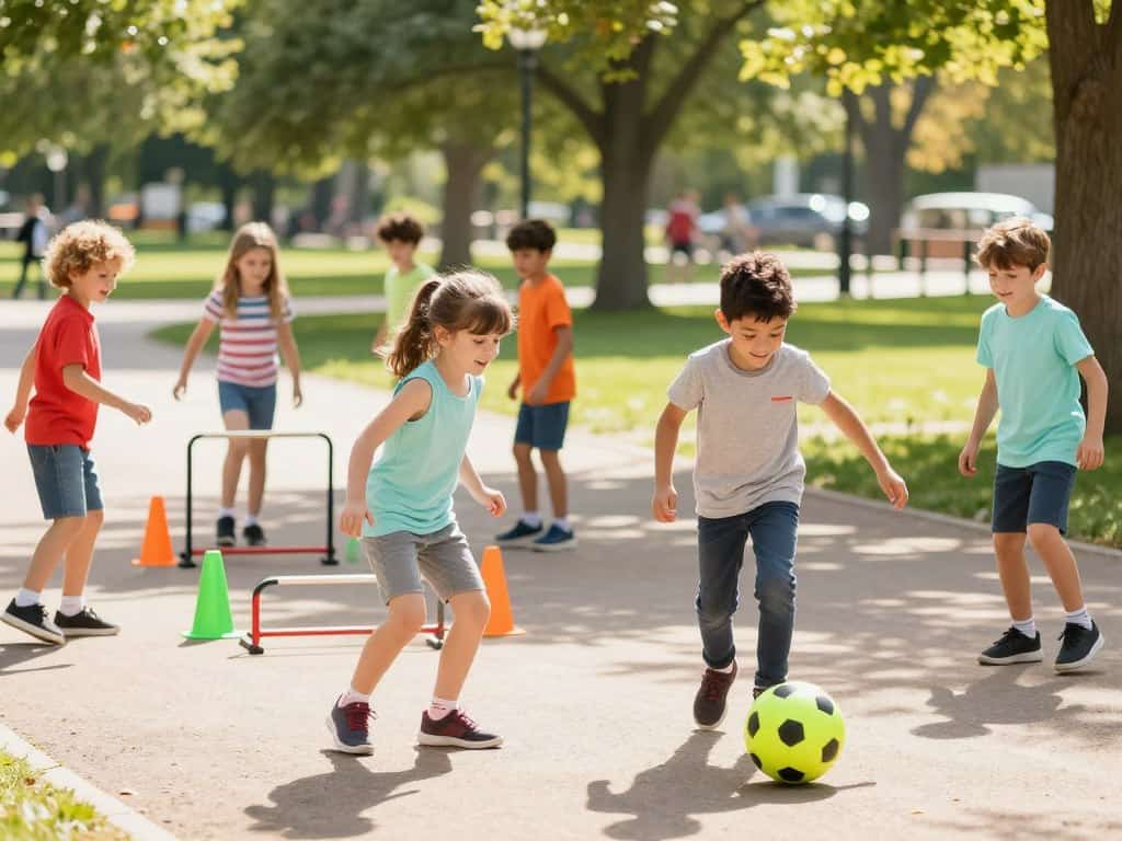 Kinder wechseln sich bei Stationen eines Ballparcours ab