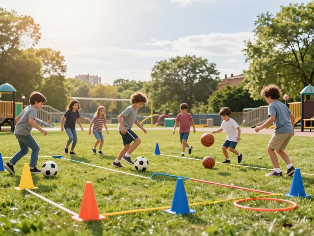 Einfacher Ballparcours für Kinder mit Hütchen und Markierungen aufgebaut im Garten