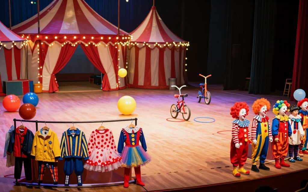 Kinder in Zirkus-Kostümen mit selbst gebastelten Requisiten