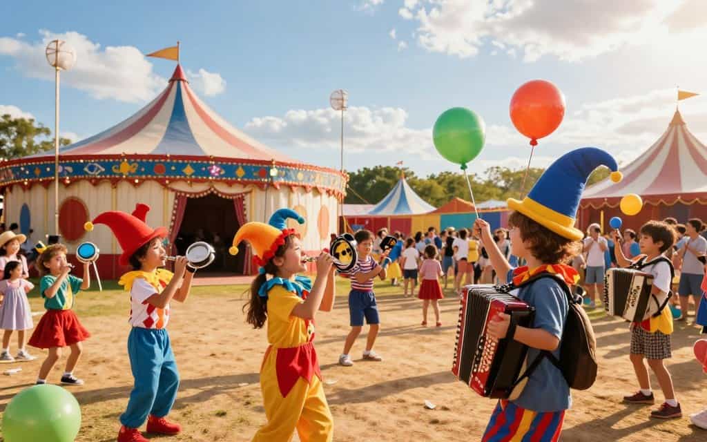 Kinder basteln gemeinsam Zirkus-Requisiten und Kostüme