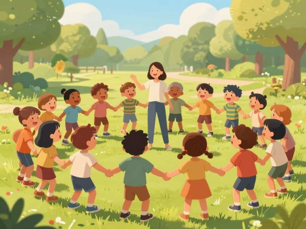 Kinder spielen aktive Kreisspiele mit Bewegung – alle lachen und bewegen sich gemeinsam