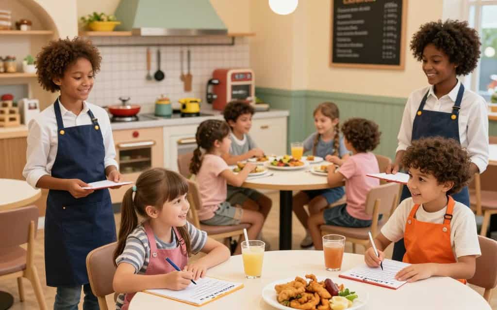 Kind nimmt als Kellner eine Bestellung auf – Restaurant-Rollenspiel mit Geschwistern