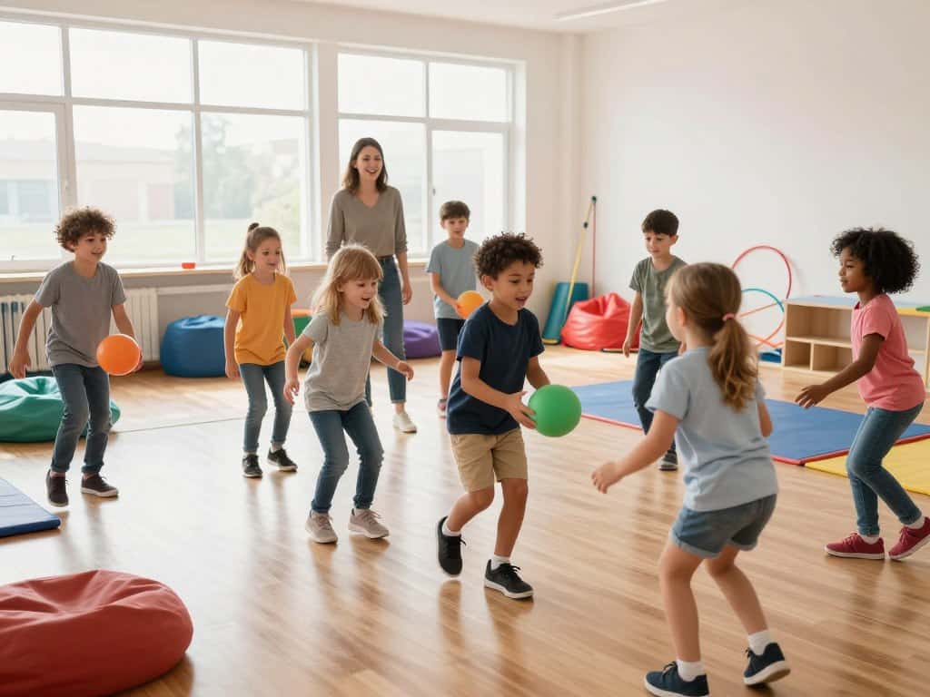 Kinder spielen Bewegungsspiele im Gruppenraum – Lavafluss und Tierspiele drinnen