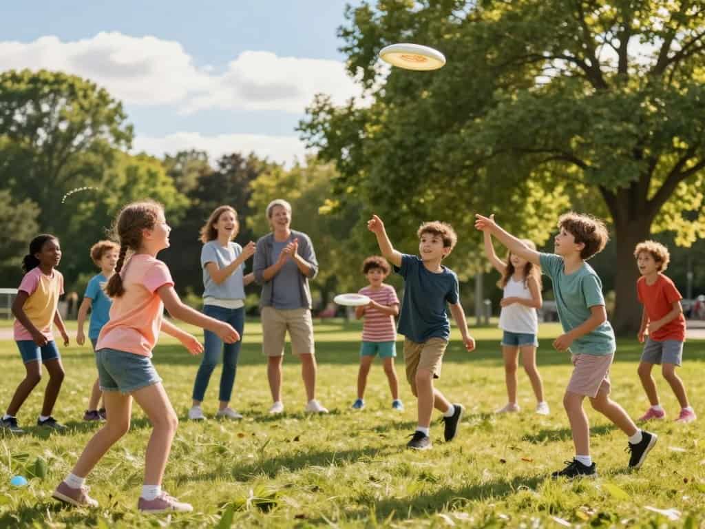 Kinder spielen Bolaspiel auf einem Campingplatz – Sommer, Freizeit, Spaß
