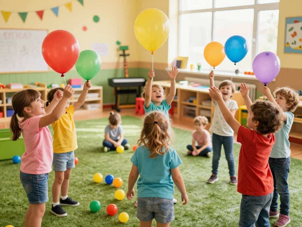 Kinder tanzen beim Stopptanz im Kreis – Musikspiel im Kindergarten