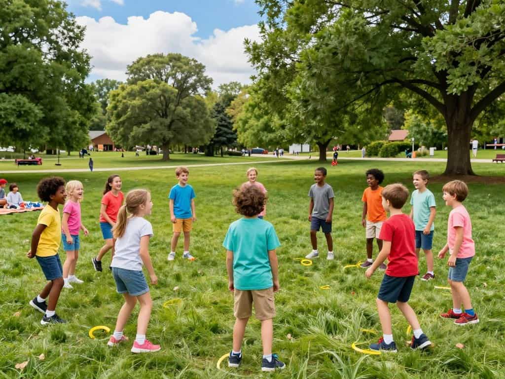 Kinder spielen klassische Kreisspiele im Kindergarten – Gruppe sitzt zusammen im Kreis