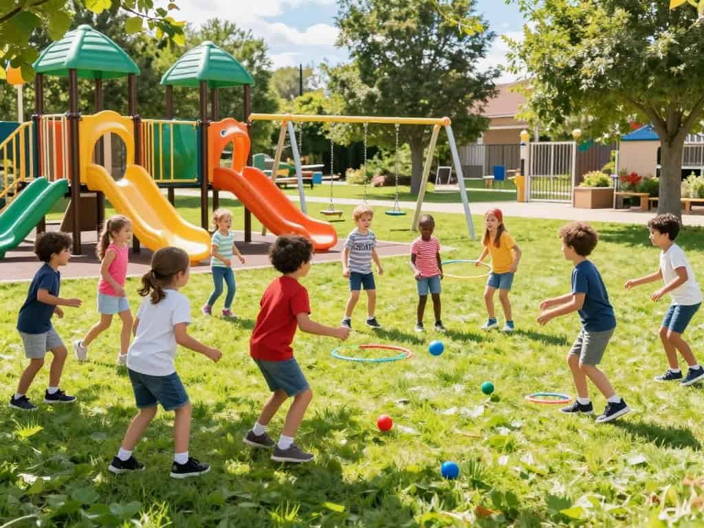Kinder spielen Outdoor-Sportspiele auf dem Schulhof – Kettenfangen und Staffelläufe