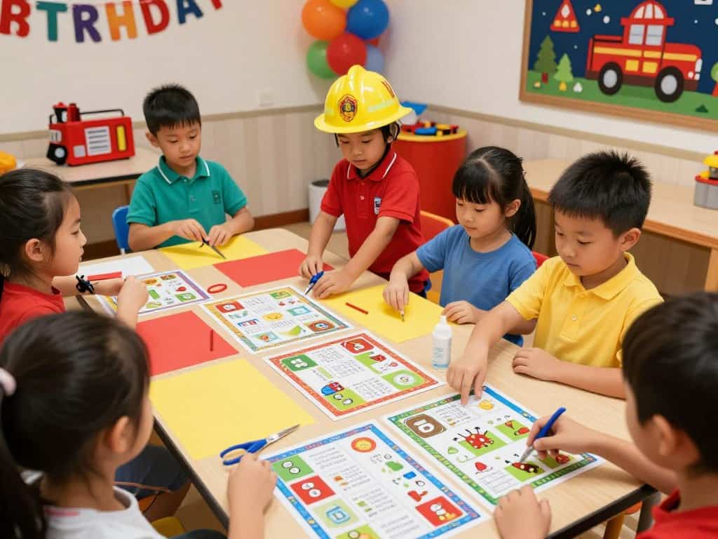 Kinder in Feuerwehr-Kostümen beim Kindergeburtstag – rote Mützen und selbst gebastelte Abzeichen