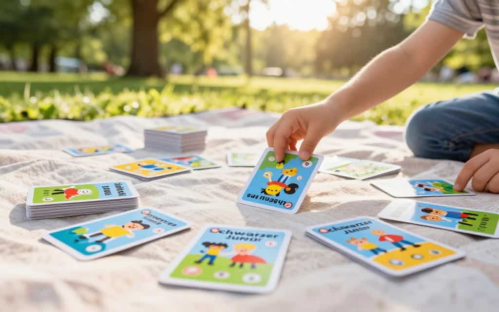 Kinder spielen Schwarzer Peter – Karten verdeckt ziehen und Paare ablegen