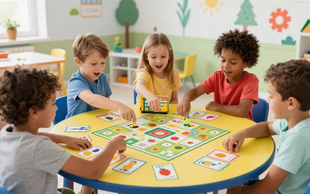 Kinder spielen Halli Galli Junior – alle beobachten gleichzeitig die Karten und reagieren auf die Glocke