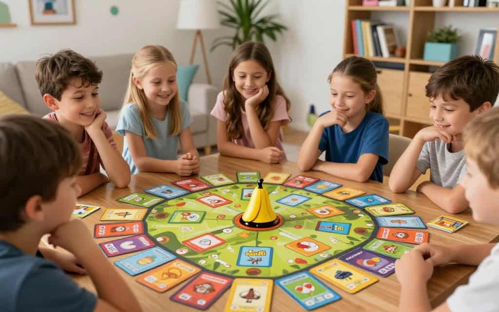 Halli Galli Junior Spielaufbau – Glocke in der Mitte, Kartenstapel vor jedem Spieler