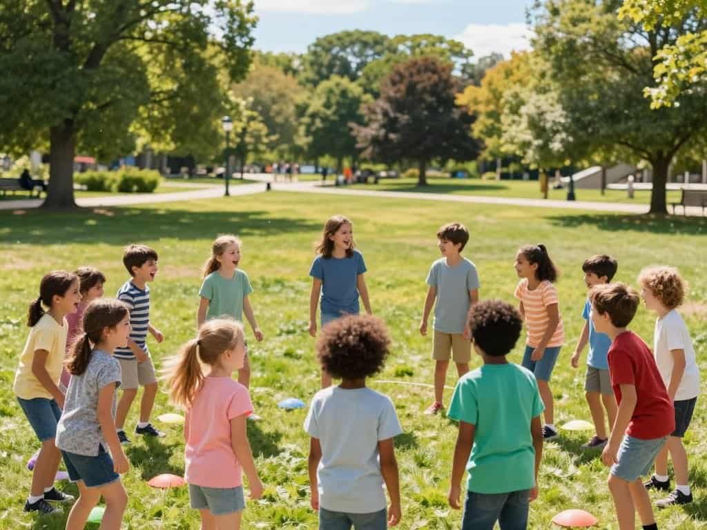 Verschiedene Altersgruppen beim Kreisspiel – kleine und größere Kinder spielen gemeinsam
