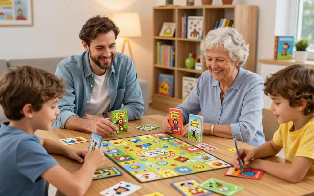 Familie spielt gemeinsam Schwarzer Peter – Großeltern und Kinder am Tisch