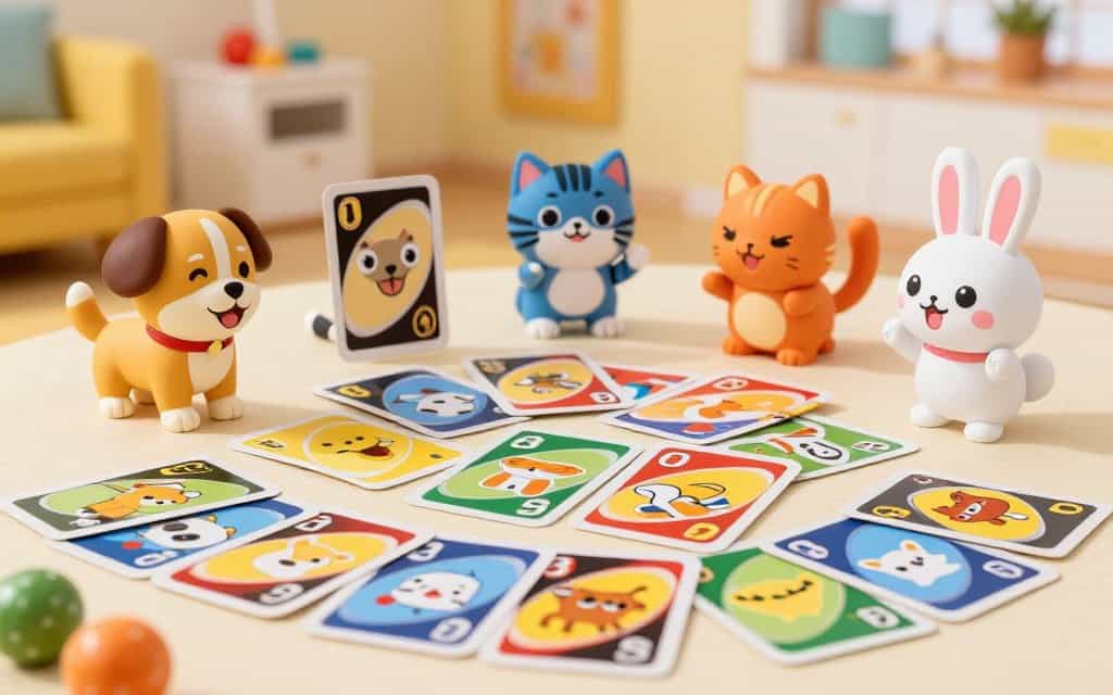 UNO Junior Spielmaterial – Karten mit Tierabbildungen und Farben für Kleinkinder