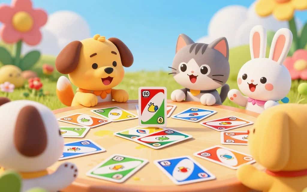 Familie spielt UNO Junior – Kartenspiel für Kinder ab 3 Jahren gemeinsam am Tisch