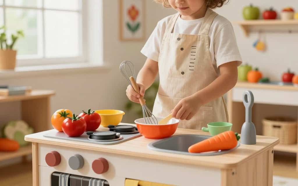 Kinderküche mit buntem Spielzeugessen und Kochutensilien